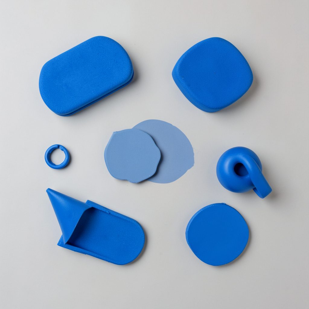Flat-lay of a laptop, headphones, and a notebook on a blue desk surface representing content creation